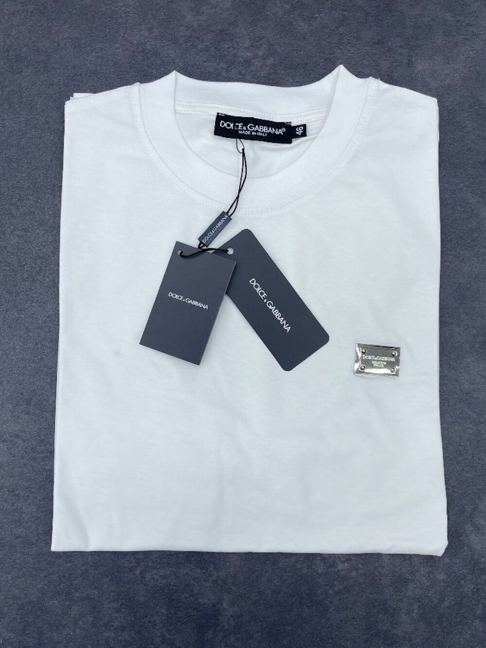 Dolce & Gabbana Men’s White Logo Plaque T-Shirt- Size 48 (Medium)